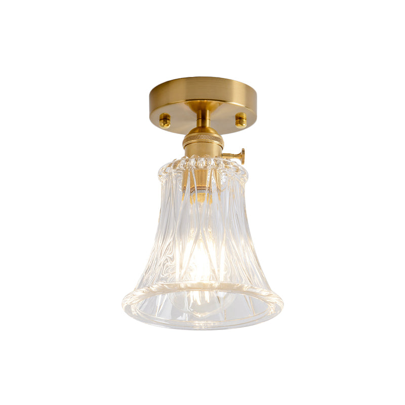 Cone/Cylinder/Bell Corridor Semi Flush Industrial Clear Textured Glass Single Light Gold Ceiling Lighting Clearhalo 'Ceiling Lights' 'Close To Ceiling Lights' 'Close to ceiling' 'Semi-flushmount' Lighting' 1207610