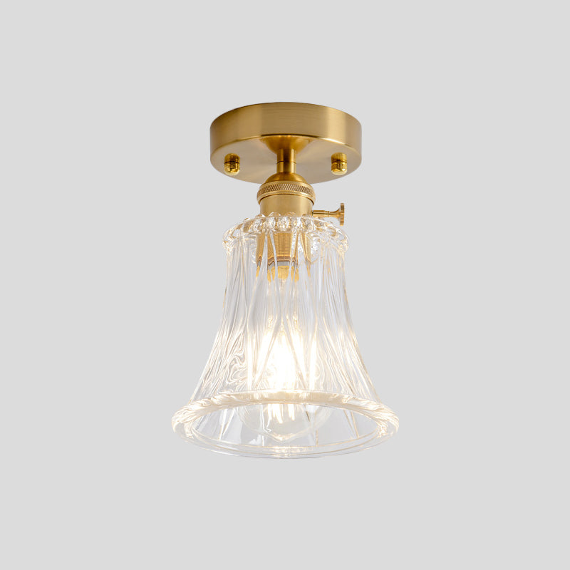 Cone/Cylinder/Bell Corridor Semi Flush Industrial Clear Textured Glass Single Light Gold Ceiling Lighting Clearhalo 'Ceiling Lights' 'Close To Ceiling Lights' 'Close to ceiling' 'Semi-flushmount' Lighting' 1207611