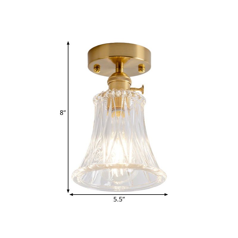 Cone/Cylinder/Bell Corridor Semi Flush Industrial Clear Textured Glass Single Light Gold Ceiling Lighting Clearhalo 'Ceiling Lights' 'Close To Ceiling Lights' 'Close to ceiling' 'Semi-flushmount' Lighting' 1207612