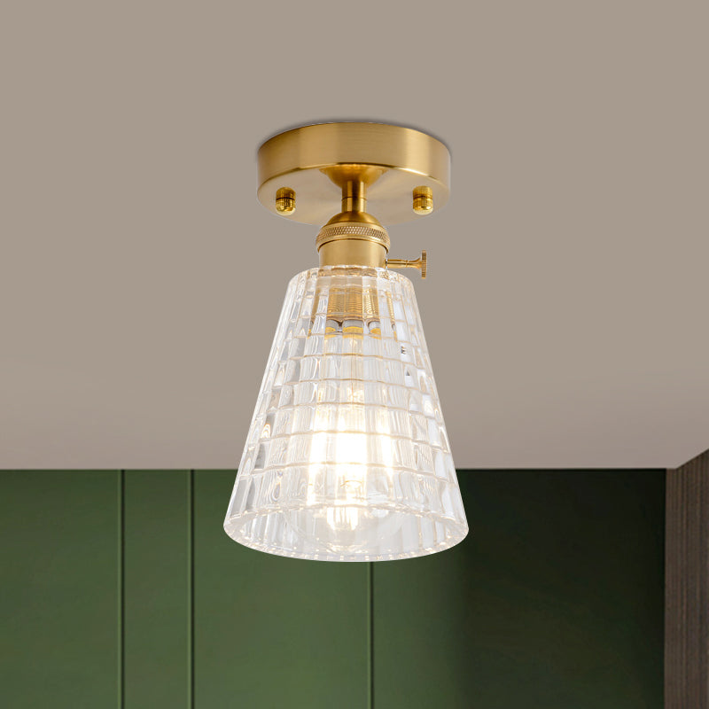 Cone/Cylinder/Bell Corridor Semi Flush Industrial Clear Textured Glass Single Light Gold Ceiling Lighting Gold D Clearhalo 'Ceiling Lights' 'Close To Ceiling Lights' 'Close to ceiling' 'Semi-flushmount' Lighting' 1207613