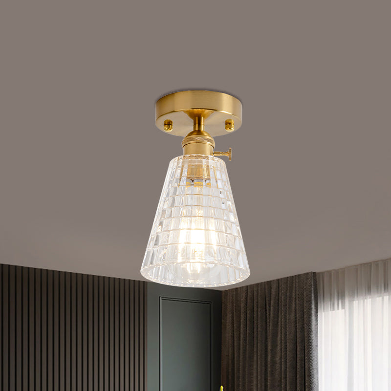 Cone/Cylinder/Bell Corridor Semi Flush Industrial Clear Textured Glass Single Light Gold Ceiling Lighting Clearhalo 'Ceiling Lights' 'Close To Ceiling Lights' 'Close to ceiling' 'Semi-flushmount' Lighting' 1207614