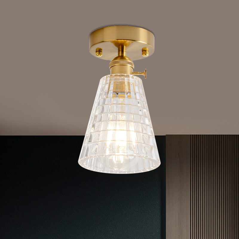 Cone/Cylinder/Bell Corridor Semi Flush Industrial Clear Textured Glass Single Light Gold Ceiling Lighting Clearhalo 'Ceiling Lights' 'Close To Ceiling Lights' 'Close to ceiling' 'Semi-flushmount' Lighting' 1207615