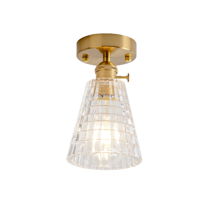 Cone/Cylinder/Bell Corridor Semi Flush Industrial Clear Textured Glass Single Light Gold Ceiling Lighting Clearhalo 'Ceiling Lights' 'Close To Ceiling Lights' 'Close to ceiling' 'Semi-flushmount' Lighting' 1207616