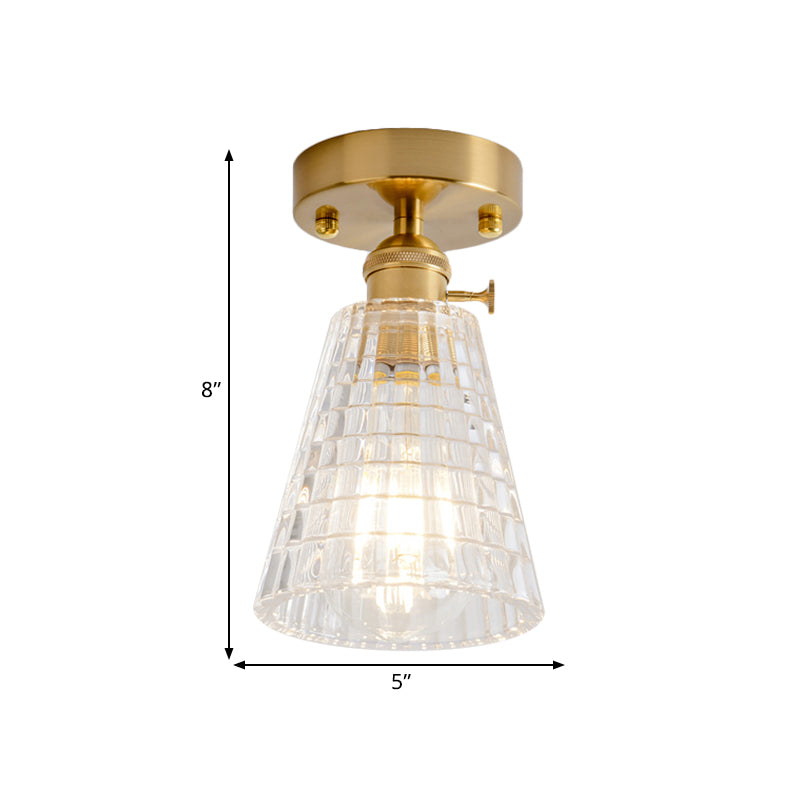 Cone/Cylinder/Bell Corridor Semi Flush Industrial Clear Textured Glass Single Light Gold Ceiling Lighting Clearhalo 'Ceiling Lights' 'Close To Ceiling Lights' 'Close to ceiling' 'Semi-flushmount' Lighting' 1207617