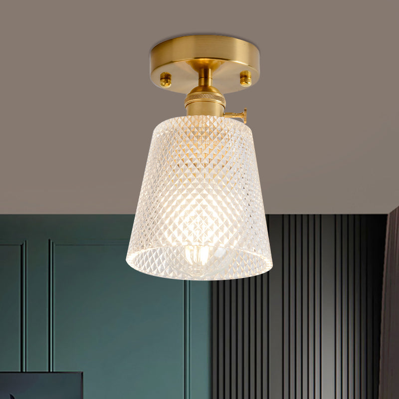 Cone/Cylinder/Bell Corridor Semi Flush Industrial Clear Textured Glass Single Light Gold Ceiling Lighting Gold B Clearhalo 'Ceiling Lights' 'Close To Ceiling Lights' 'Close to ceiling' 'Semi-flushmount' Lighting' 1207618