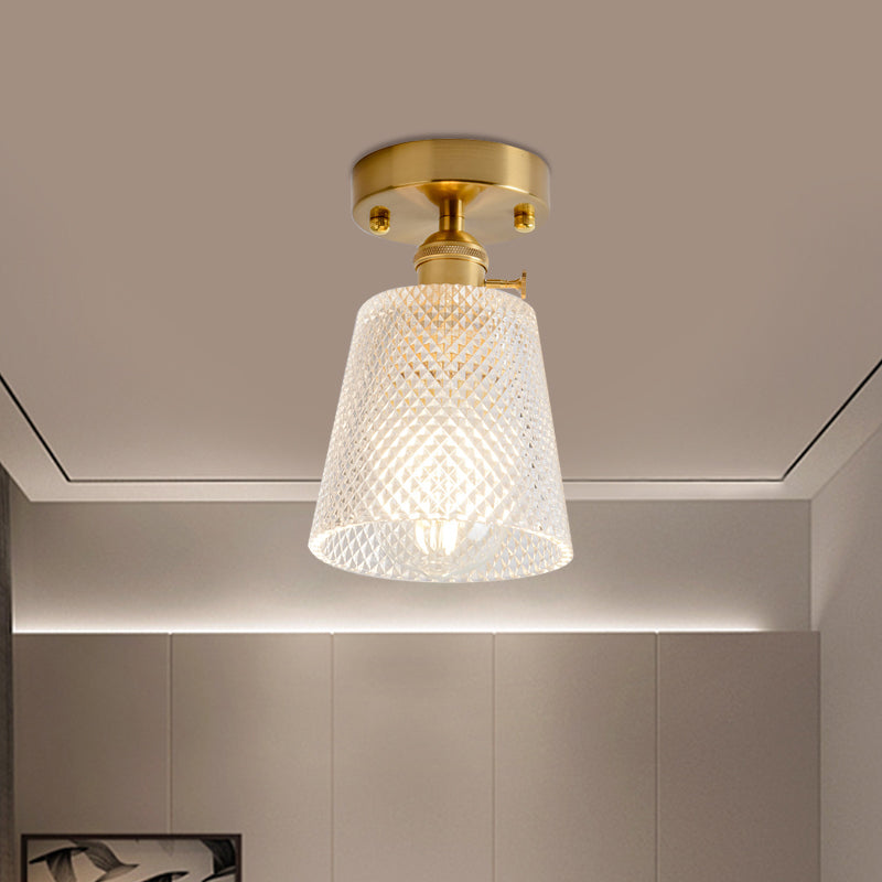 Cone/Cylinder/Bell Corridor Semi Flush Industrial Clear Textured Glass Single Light Gold Ceiling Lighting Clearhalo 'Ceiling Lights' 'Close To Ceiling Lights' 'Close to ceiling' 'Semi-flushmount' Lighting' 1207619