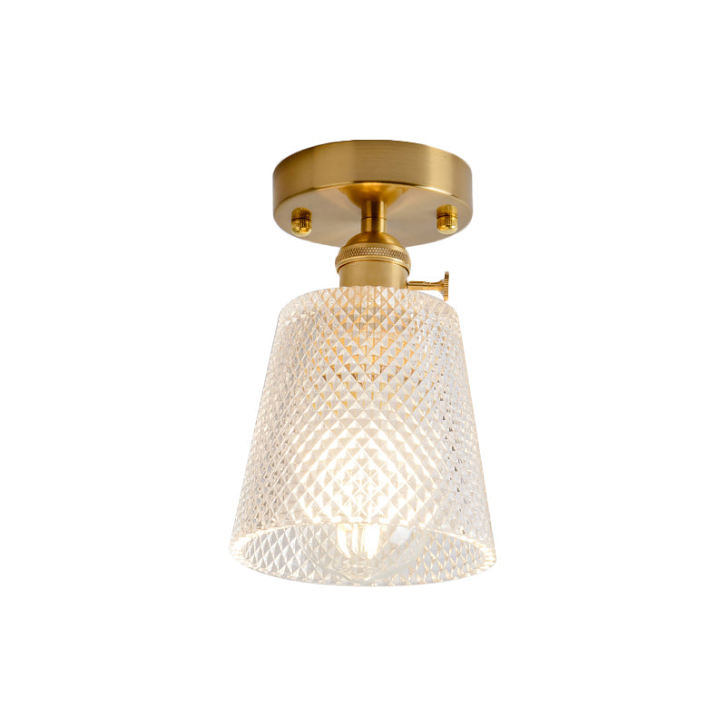 Cone/Cylinder/Bell Corridor Semi Flush Industrial Clear Textured Glass Single Light Gold Ceiling Lighting Clearhalo 'Ceiling Lights' 'Close To Ceiling Lights' 'Close to ceiling' 'Semi-flushmount' Lighting' 1207620