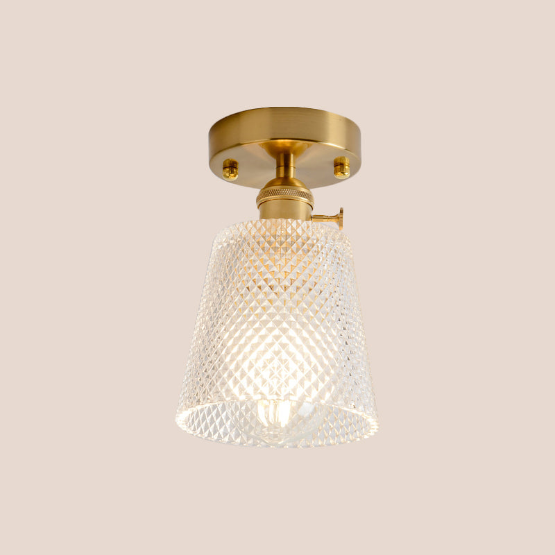 Cone/Cylinder/Bell Corridor Semi Flush Industrial Clear Textured Glass Single Light Gold Ceiling Lighting Clearhalo 'Ceiling Lights' 'Close To Ceiling Lights' 'Close to ceiling' 'Semi-flushmount' Lighting' 1207621