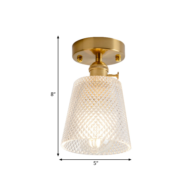 Cone/Cylinder/Bell Corridor Semi Flush Industrial Clear Textured Glass Single Light Gold Ceiling Lighting Clearhalo 'Ceiling Lights' 'Close To Ceiling Lights' 'Close to ceiling' 'Semi-flushmount' Lighting' 1207622