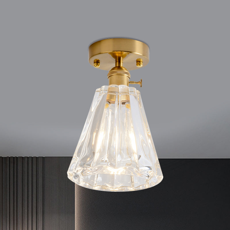 Cone/Cylinder/Bell Corridor Semi Flush Industrial Clear Textured Glass Single Light Gold Ceiling Lighting Gold F Clearhalo 'Ceiling Lights' 'Close To Ceiling Lights' 'Close to ceiling' 'Semi-flushmount' Lighting' 1207623