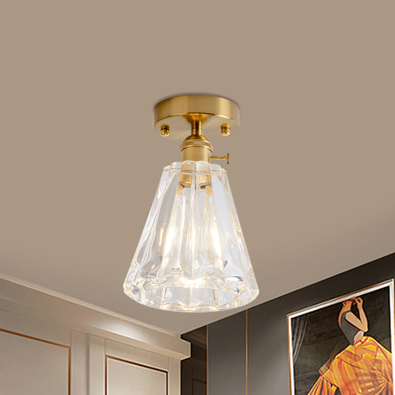 Cone/Cylinder/Bell Corridor Semi Flush Industrial Clear Textured Glass Single Light Gold Ceiling Lighting Clearhalo 'Ceiling Lights' 'Close To Ceiling Lights' 'Close to ceiling' 'Semi-flushmount' Lighting' 1207624