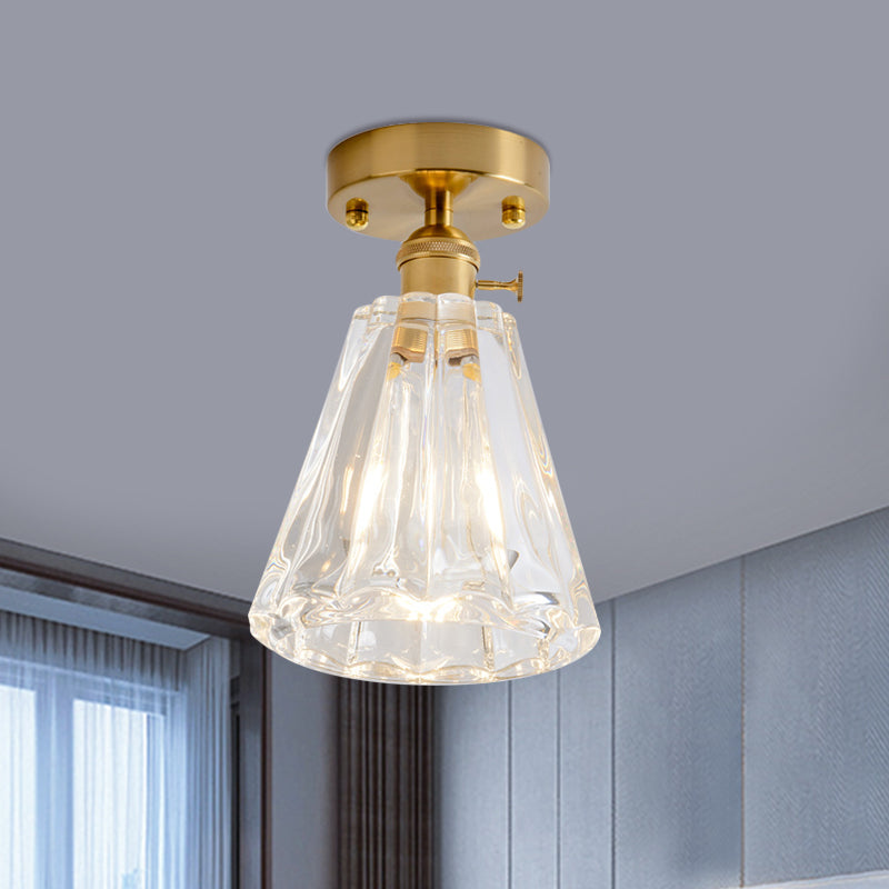 Cone/Cylinder/Bell Corridor Semi Flush Industrial Clear Textured Glass Single Light Gold Ceiling Lighting Clearhalo 'Ceiling Lights' 'Close To Ceiling Lights' 'Close to ceiling' 'Semi-flushmount' Lighting' 1207625