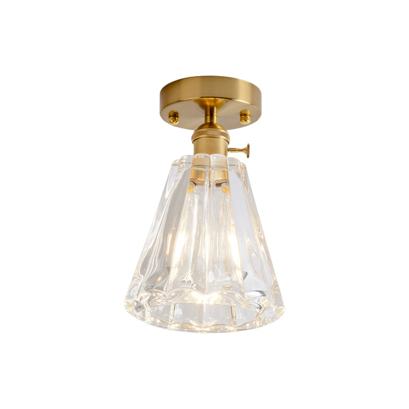 Cone/Cylinder/Bell Corridor Semi Flush Industrial Clear Textured Glass Single Light Gold Ceiling Lighting Clearhalo 'Ceiling Lights' 'Close To Ceiling Lights' 'Close to ceiling' 'Semi-flushmount' Lighting' 1207626