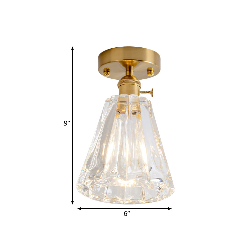 Cone/Cylinder/Bell Corridor Semi Flush Industrial Clear Textured Glass Single Light Gold Ceiling Lighting Clearhalo 'Ceiling Lights' 'Close To Ceiling Lights' 'Close to ceiling' 'Semi-flushmount' Lighting' 1207627