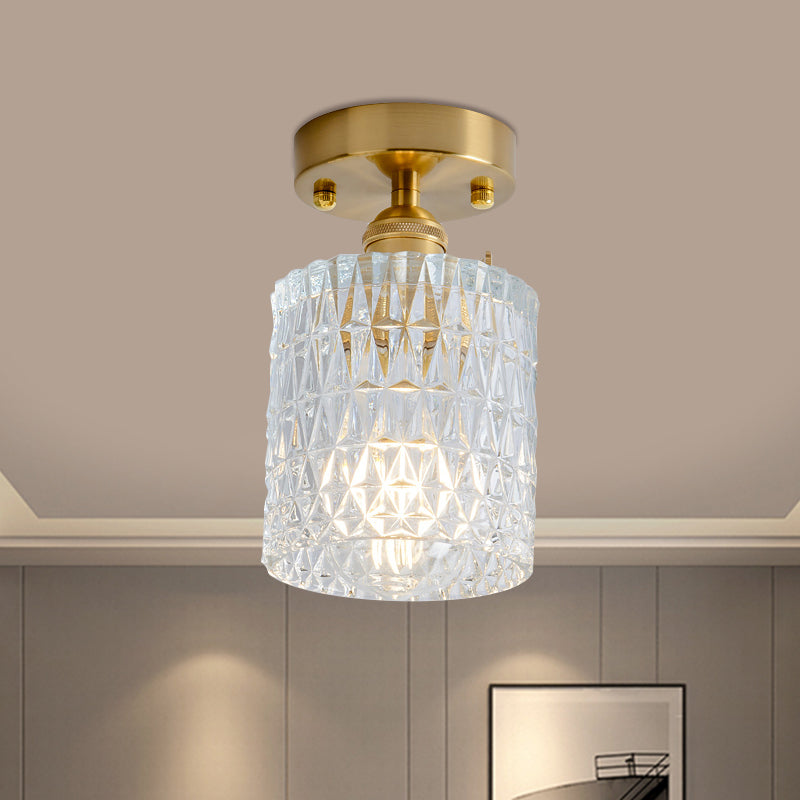 Cone/Cylinder/Bell Corridor Semi Flush Industrial Clear Textured Glass Single Light Gold Ceiling Lighting Gold C Clearhalo 'Ceiling Lights' 'Close To Ceiling Lights' 'Close to ceiling' 'Semi-flushmount' Lighting' 1207628