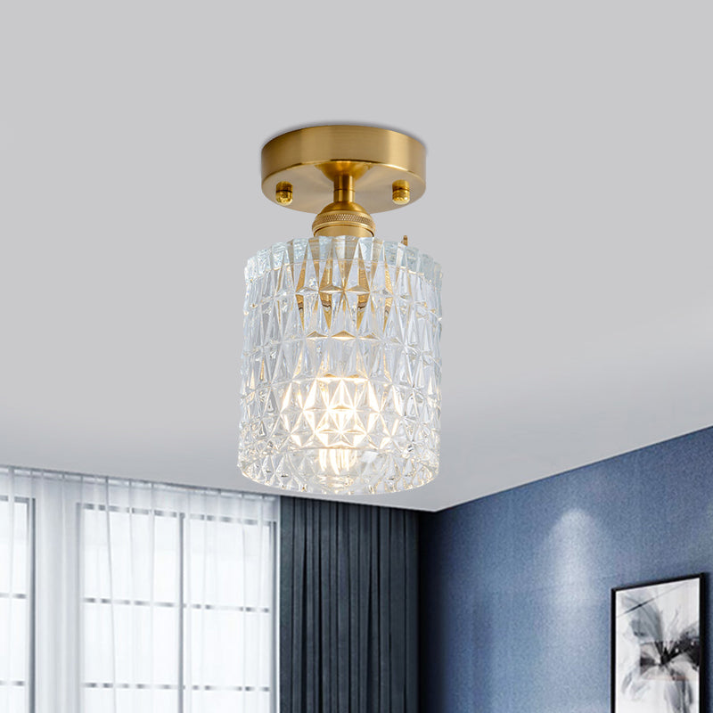 Cone/Cylinder/Bell Corridor Semi Flush Industrial Clear Textured Glass Single Light Gold Ceiling Lighting Clearhalo 'Ceiling Lights' 'Close To Ceiling Lights' 'Close to ceiling' 'Semi-flushmount' Lighting' 1207629