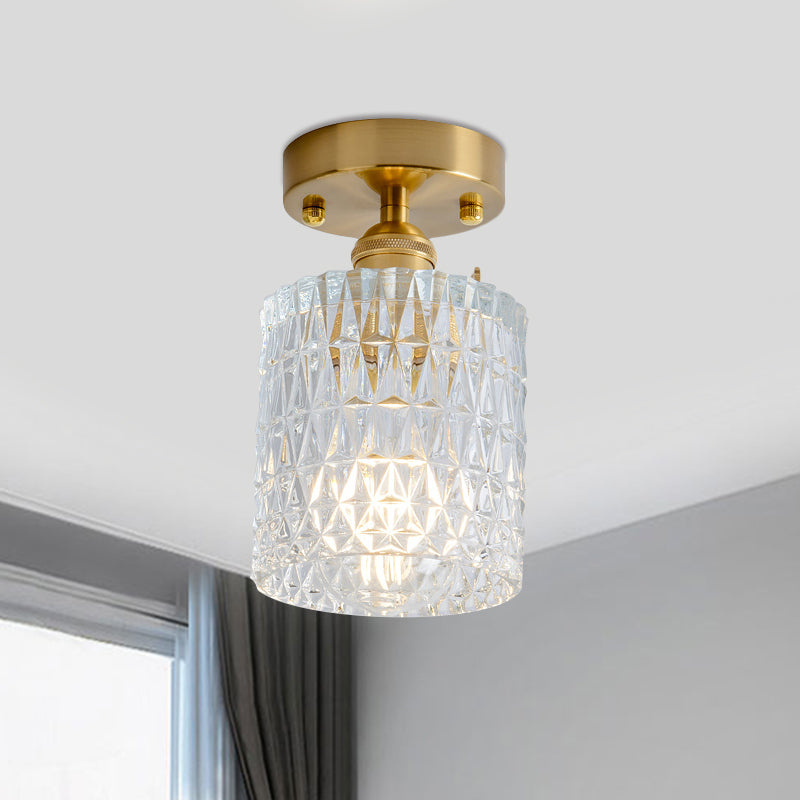 Cone/Cylinder/Bell Corridor Semi Flush Industrial Clear Textured Glass Single Light Gold Ceiling Lighting Clearhalo 'Ceiling Lights' 'Close To Ceiling Lights' 'Close to ceiling' 'Semi-flushmount' Lighting' 1207630