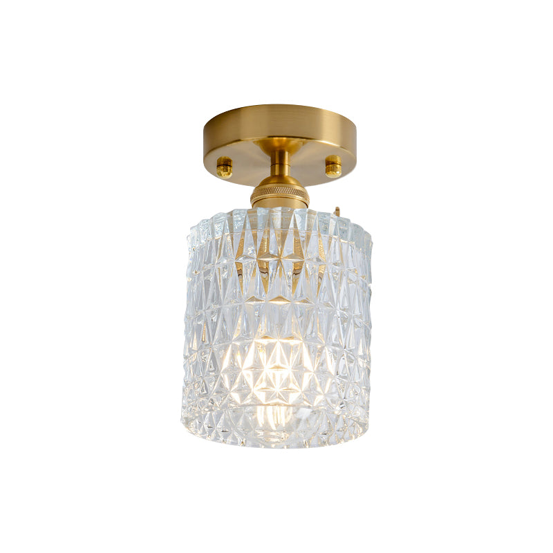 Cone/Cylinder/Bell Corridor Semi Flush Industrial Clear Textured Glass Single Light Gold Ceiling Lighting Clearhalo 'Ceiling Lights' 'Close To Ceiling Lights' 'Close to ceiling' 'Semi-flushmount' Lighting' 1207631