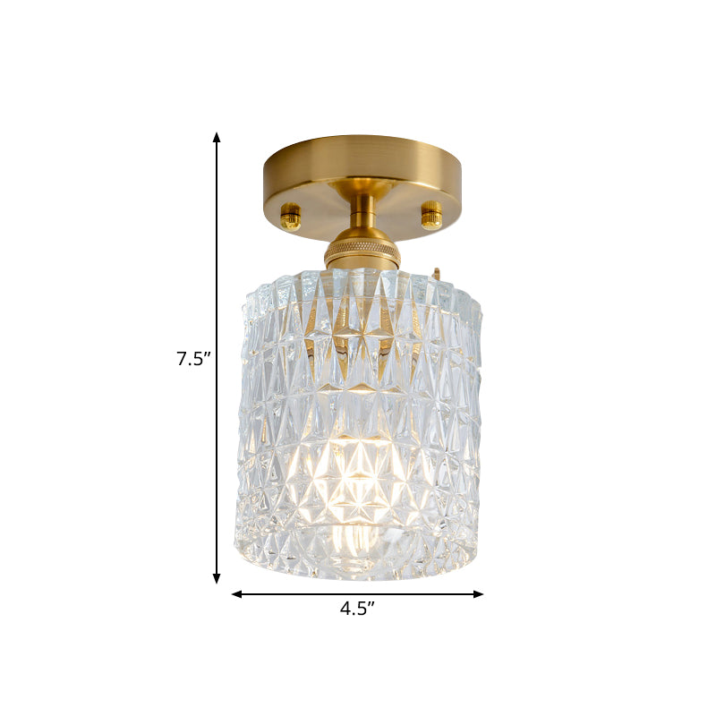 Cone/Cylinder/Bell Corridor Semi Flush Industrial Clear Textured Glass Single Light Gold Ceiling Lighting Clearhalo 'Ceiling Lights' 'Close To Ceiling Lights' 'Close to ceiling' 'Semi-flushmount' Lighting' 1207632