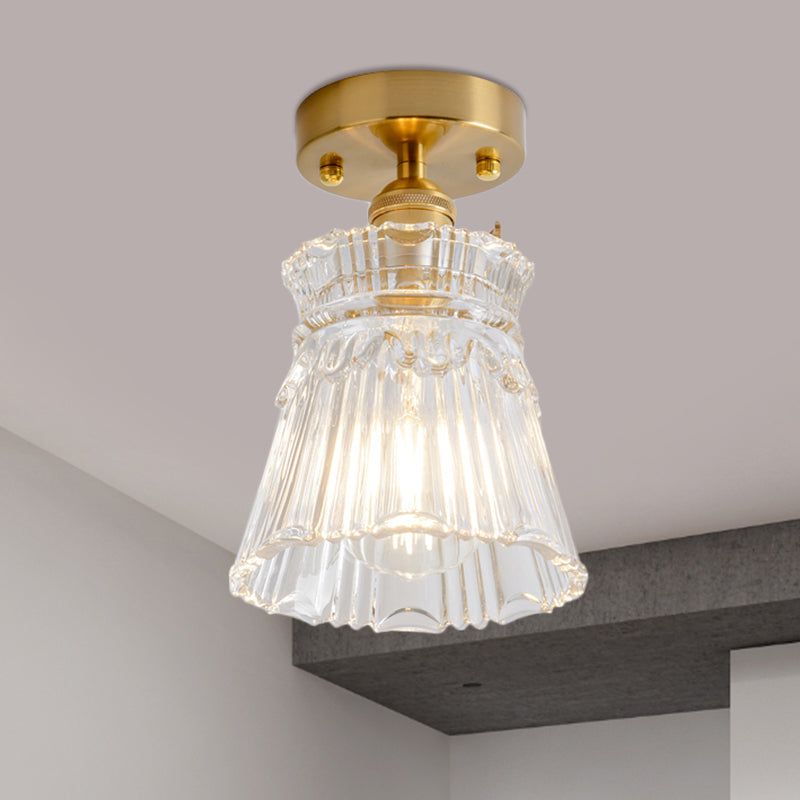 Cone/Cylinder/Bell Corridor Semi Flush Industrial Clear Textured Glass Single Light Gold Ceiling Lighting Gold H Clearhalo 'Ceiling Lights' 'Close To Ceiling Lights' 'Close to ceiling' 'Semi-flushmount' Lighting' 1207633