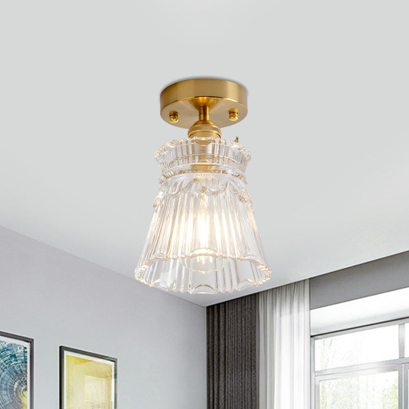 Cone/Cylinder/Bell Corridor Semi Flush Industrial Clear Textured Glass Single Light Gold Ceiling Lighting Clearhalo 'Ceiling Lights' 'Close To Ceiling Lights' 'Close to ceiling' 'Semi-flushmount' Lighting' 1207634