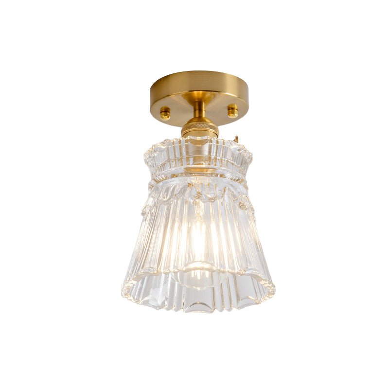 Cone/Cylinder/Bell Corridor Semi Flush Industrial Clear Textured Glass Single Light Gold Ceiling Lighting Clearhalo 'Ceiling Lights' 'Close To Ceiling Lights' 'Close to ceiling' 'Semi-flushmount' Lighting' 1207635