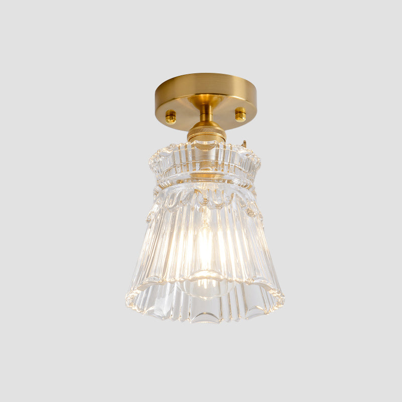 Cone/Cylinder/Bell Corridor Semi Flush Industrial Clear Textured Glass Single Light Gold Ceiling Lighting Clearhalo 'Ceiling Lights' 'Close To Ceiling Lights' 'Close to ceiling' 'Semi-flushmount' Lighting' 1207636