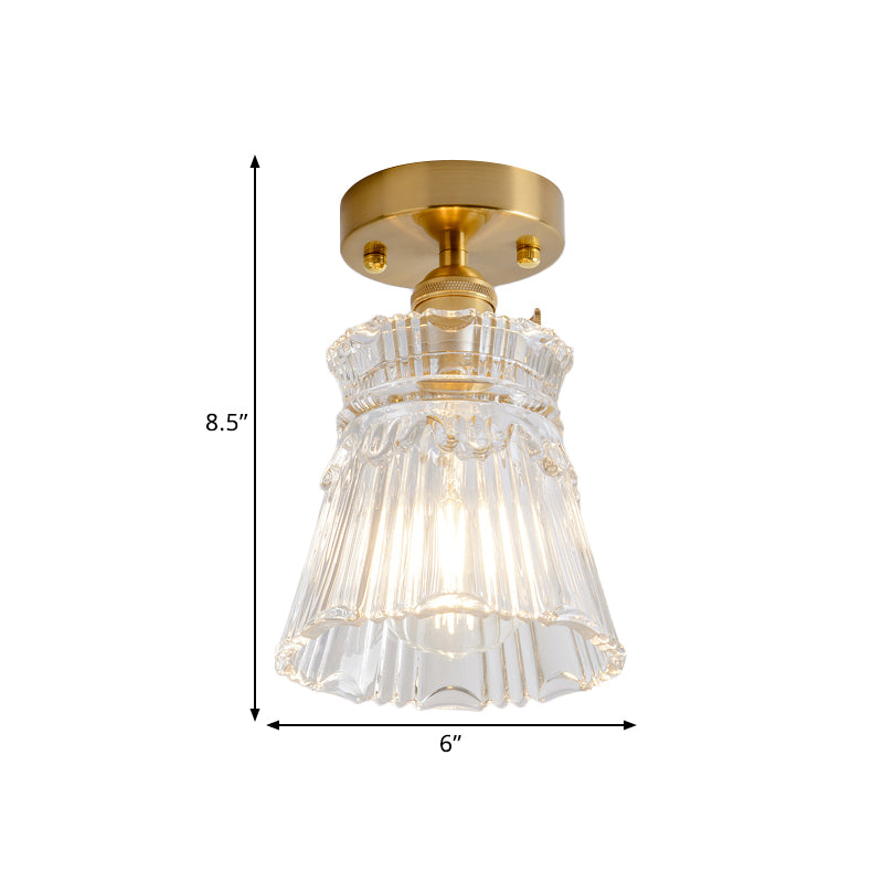 Cone/Cylinder/Bell Corridor Semi Flush Industrial Clear Textured Glass Single Light Gold Ceiling Lighting Clearhalo 'Ceiling Lights' 'Close To Ceiling Lights' 'Close to ceiling' 'Semi-flushmount' Lighting' 1207637