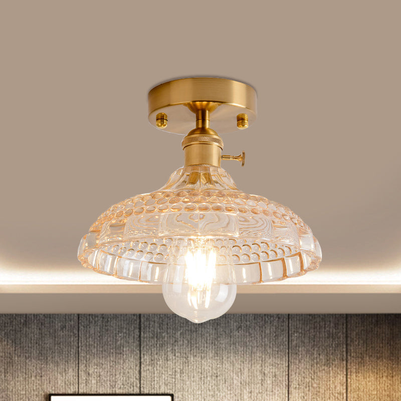 1 Light Ceiling Light with Dome/Barn/Flower Shade Amber/Clear Textured Glass Industrial Living Room Semi Flush in Brass Brass Dome Clearhalo 'Ceiling Lights' 'Close To Ceiling Lights' 'Close to ceiling' 'Glass shade' 'Glass' 'Semi-flushmount' Lighting' 1207638