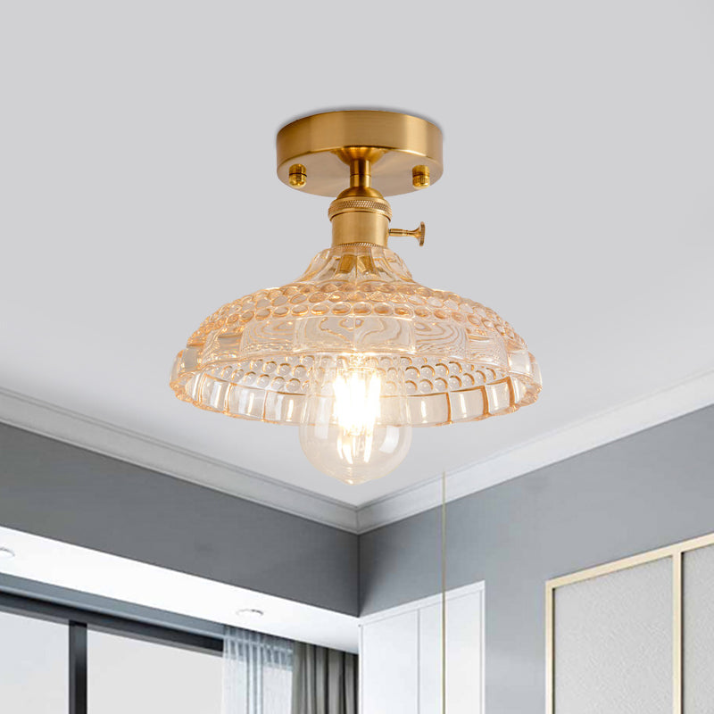 1 Light Ceiling Light with Dome/Barn/Flower Shade Amber/Clear Textured Glass Industrial Living Room Semi Flush in Brass Clearhalo 'Ceiling Lights' 'Close To Ceiling Lights' 'Close to ceiling' 'Glass shade' 'Glass' 'Semi-flushmount' Lighting' 1207639