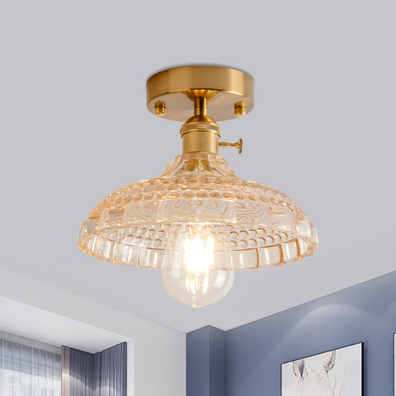 1 Light Ceiling Light with Dome/Barn/Flower Shade Amber/Clear Textured Glass Industrial Living Room Semi Flush in Brass Clearhalo 'Ceiling Lights' 'Close To Ceiling Lights' 'Close to ceiling' 'Glass shade' 'Glass' 'Semi-flushmount' Lighting' 1207640