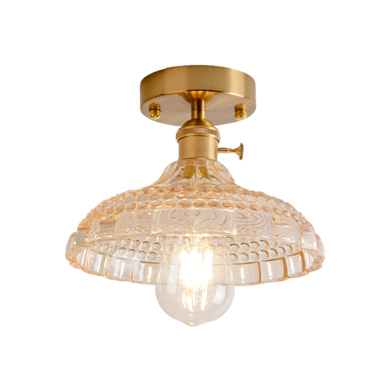 1 Light Ceiling Light with Dome/Barn/Flower Shade Amber/Clear Textured Glass Industrial Living Room Semi Flush in Brass Clearhalo 'Ceiling Lights' 'Close To Ceiling Lights' 'Close to ceiling' 'Glass shade' 'Glass' 'Semi-flushmount' Lighting' 1207641