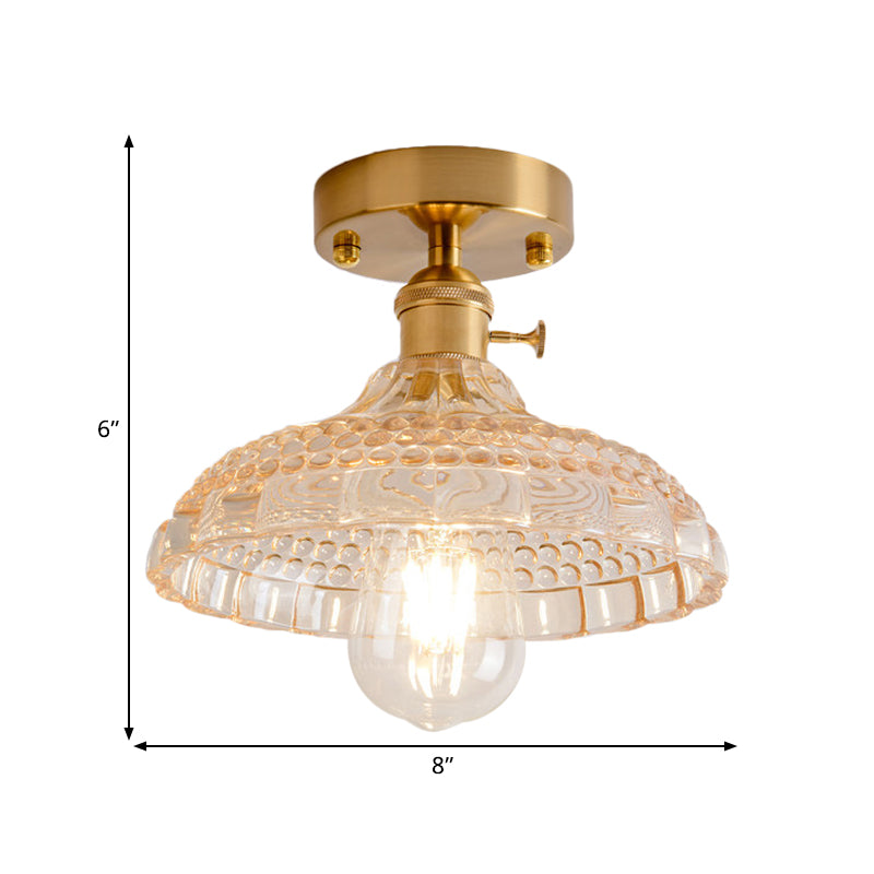 1 Light Ceiling Light with Dome/Barn/Flower Shade Amber/Clear Textured Glass Industrial Living Room Semi Flush in Brass Clearhalo 'Ceiling Lights' 'Close To Ceiling Lights' 'Close to ceiling' 'Glass shade' 'Glass' 'Semi-flushmount' Lighting' 1207642