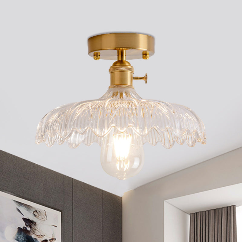 1 Light Ceiling Light with Dome/Barn/Flower Shade Amber/Clear Textured Glass Industrial Living Room Semi Flush in Brass Brass Flower Clearhalo 'Ceiling Lights' 'Close To Ceiling Lights' 'Close to ceiling' 'Glass shade' 'Glass' 'Semi-flushmount' Lighting' 1207643