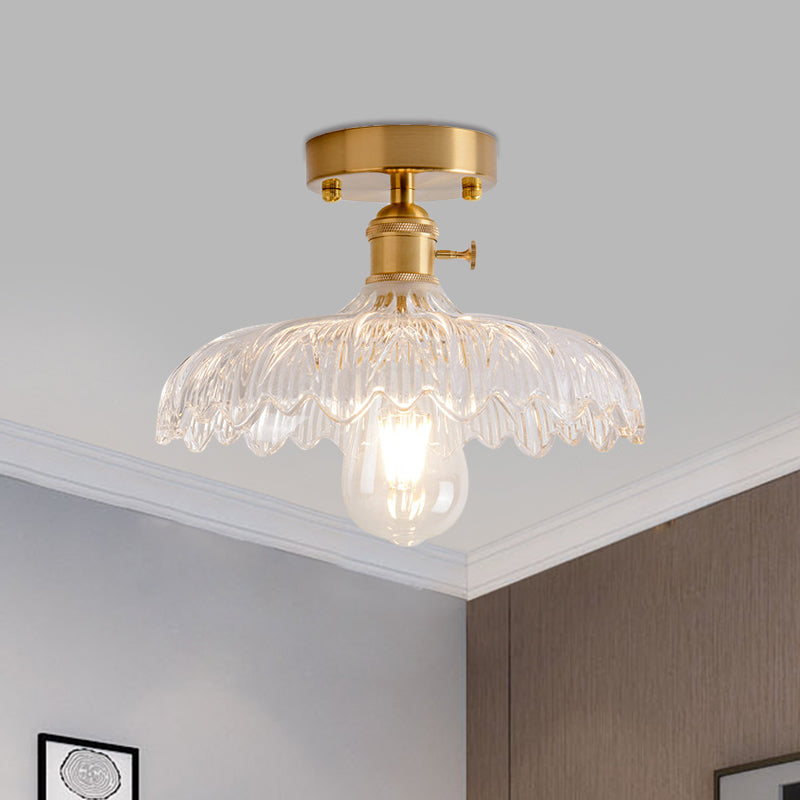 1 Light Ceiling Light with Dome/Barn/Flower Shade Amber/Clear Textured Glass Industrial Living Room Semi Flush in Brass Clearhalo 'Ceiling Lights' 'Close To Ceiling Lights' 'Close to ceiling' 'Glass shade' 'Glass' 'Semi-flushmount' Lighting' 1207644