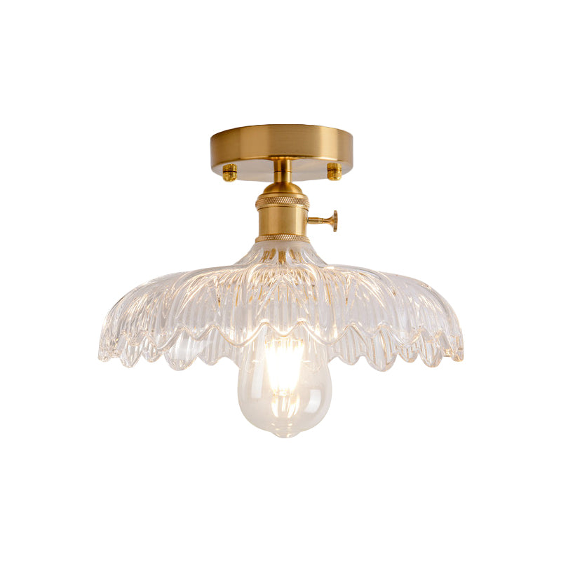 1 Light Ceiling Light with Dome/Barn/Flower Shade Amber/Clear Textured Glass Industrial Living Room Semi Flush in Brass Clearhalo 'Ceiling Lights' 'Close To Ceiling Lights' 'Close to ceiling' 'Glass shade' 'Glass' 'Semi-flushmount' Lighting' 1207645