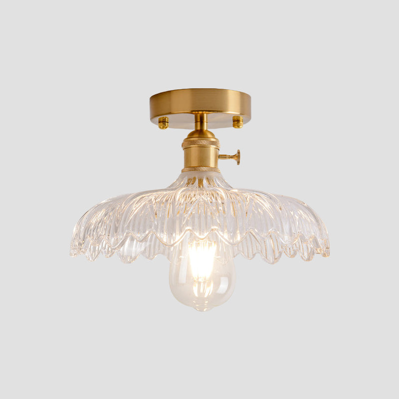 1 Light Ceiling Light with Dome/Barn/Flower Shade Amber/Clear Textured Glass Industrial Living Room Semi Flush in Brass Clearhalo 'Ceiling Lights' 'Close To Ceiling Lights' 'Close to ceiling' 'Glass shade' 'Glass' 'Semi-flushmount' Lighting' 1207646