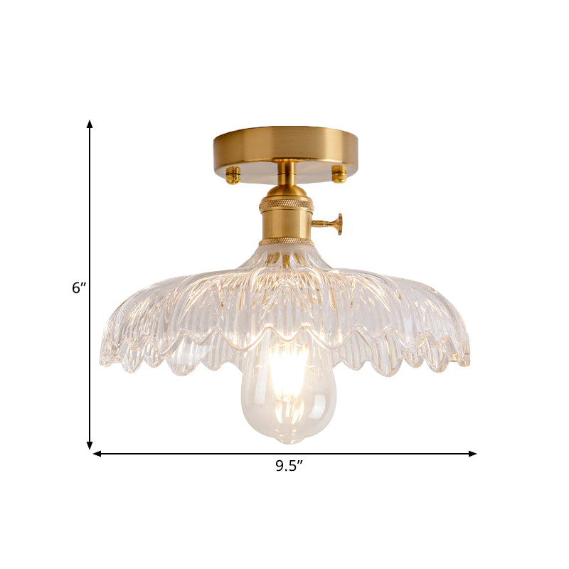 1 Light Ceiling Light with Dome/Barn/Flower Shade Amber/Clear Textured Glass Industrial Living Room Semi Flush in Brass Clearhalo 'Ceiling Lights' 'Close To Ceiling Lights' 'Close to ceiling' 'Glass shade' 'Glass' 'Semi-flushmount' Lighting' 1207647