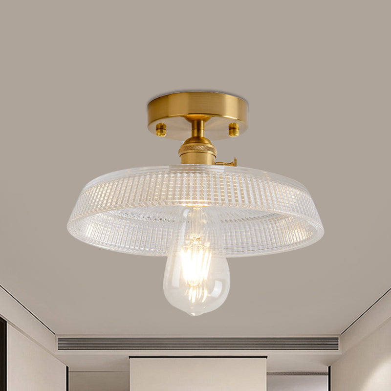 1 Light Ceiling Light with Dome/Barn/Flower Shade Amber/Clear Textured Glass Industrial Living Room Semi Flush in Brass Brass Barn Clearhalo 'Ceiling Lights' 'Close To Ceiling Lights' 'Close to ceiling' 'Glass shade' 'Glass' 'Semi-flushmount' Lighting' 1207648