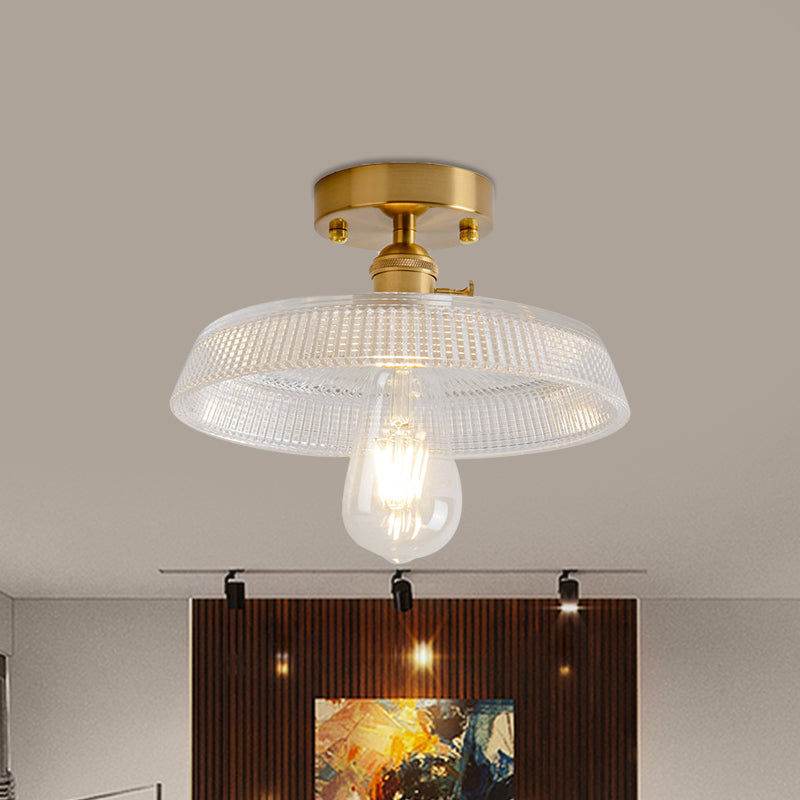 1 Light Ceiling Light with Dome/Barn/Flower Shade Amber/Clear Textured Glass Industrial Living Room Semi Flush in Brass Clearhalo 'Ceiling Lights' 'Close To Ceiling Lights' 'Close to ceiling' 'Glass shade' 'Glass' 'Semi-flushmount' Lighting' 1207649