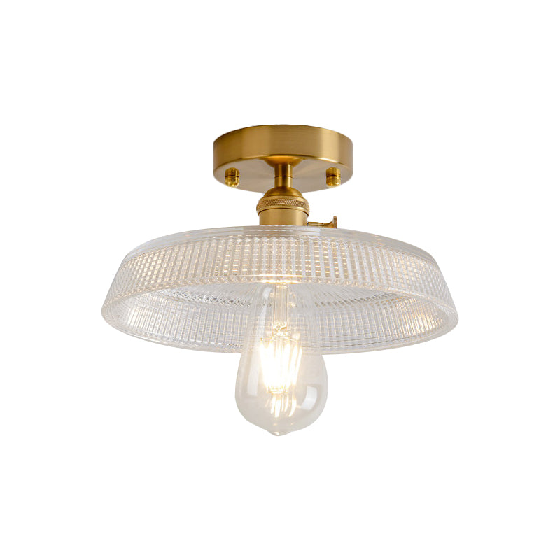 1 Light Ceiling Light with Dome/Barn/Flower Shade Amber/Clear Textured Glass Industrial Living Room Semi Flush in Brass Clearhalo 'Ceiling Lights' 'Close To Ceiling Lights' 'Close to ceiling' 'Glass shade' 'Glass' 'Semi-flushmount' Lighting' 1207650