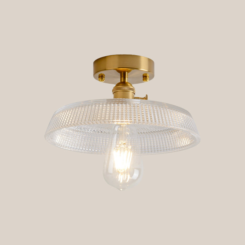 1 Light Ceiling Light with Dome/Barn/Flower Shade Amber/Clear Textured Glass Industrial Living Room Semi Flush in Brass Clearhalo 'Ceiling Lights' 'Close To Ceiling Lights' 'Close to ceiling' 'Glass shade' 'Glass' 'Semi-flushmount' Lighting' 1207651