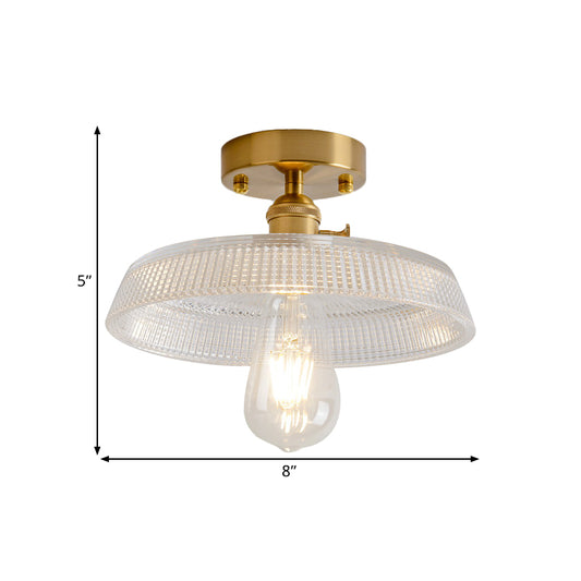 1 Light Ceiling Light with Dome/Barn/Flower Shade Amber/Clear Textured Glass Industrial Living Room Semi Flush in Brass Clearhalo 'Ceiling Lights' 'Close To Ceiling Lights' 'Close to ceiling' 'Glass shade' 'Glass' 'Semi-flushmount' Lighting' 1207652