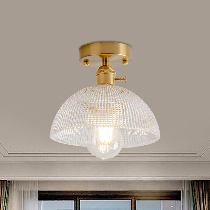 1 Light Ceiling Light with Dome/Barn/Flower Shade Amber/Clear Textured Glass Industrial Living Room Semi Flush in Brass Brass Bowl Clearhalo 'Ceiling Lights' 'Close To Ceiling Lights' 'Close to ceiling' 'Glass shade' 'Glass' 'Semi-flushmount' Lighting' 1207653