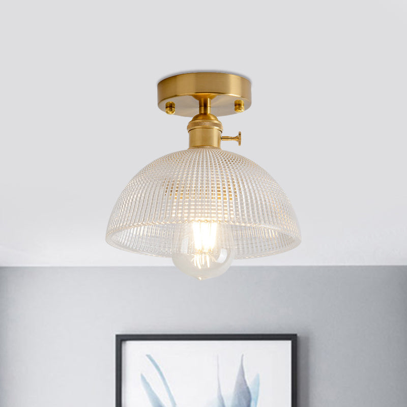 1 Light Ceiling Light with Dome/Barn/Flower Shade Amber/Clear Textured Glass Industrial Living Room Semi Flush in Brass Clearhalo 'Ceiling Lights' 'Close To Ceiling Lights' 'Close to ceiling' 'Glass shade' 'Glass' 'Semi-flushmount' Lighting' 1207654