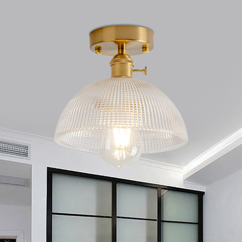 1 Light Ceiling Light with Dome/Barn/Flower Shade Amber/Clear Textured Glass Industrial Living Room Semi Flush in Brass Clearhalo 'Ceiling Lights' 'Close To Ceiling Lights' 'Close to ceiling' 'Glass shade' 'Glass' 'Semi-flushmount' Lighting' 1207655