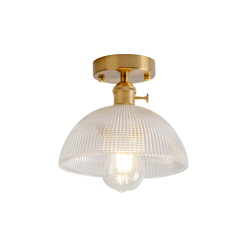 1 Light Ceiling Light with Dome/Barn/Flower Shade Amber/Clear Textured Glass Industrial Living Room Semi Flush in Brass Clearhalo 'Ceiling Lights' 'Close To Ceiling Lights' 'Close to ceiling' 'Glass shade' 'Glass' 'Semi-flushmount' Lighting' 1207656