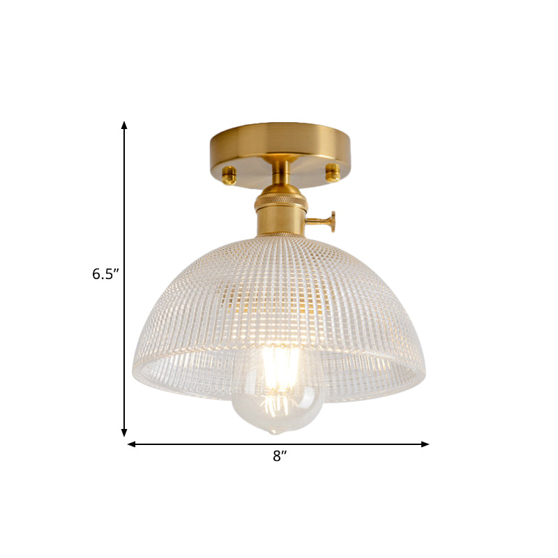 1 Light Ceiling Light with Dome/Barn/Flower Shade Amber/Clear Textured Glass Industrial Living Room Semi Flush in Brass Clearhalo 'Ceiling Lights' 'Close To Ceiling Lights' 'Close to ceiling' 'Glass shade' 'Glass' 'Semi-flushmount' Lighting' 1207657
