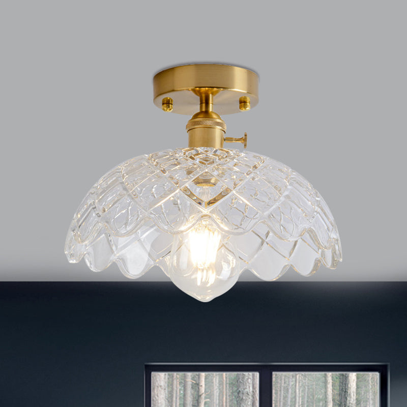 1 Light Ceiling Light with Dome/Barn/Flower Shade Amber/Clear Textured Glass Industrial Living Room Semi Flush in Brass Brass Wavy Clearhalo 'Ceiling Lights' 'Close To Ceiling Lights' 'Close to ceiling' 'Glass shade' 'Glass' 'Semi-flushmount' Lighting' 1207658