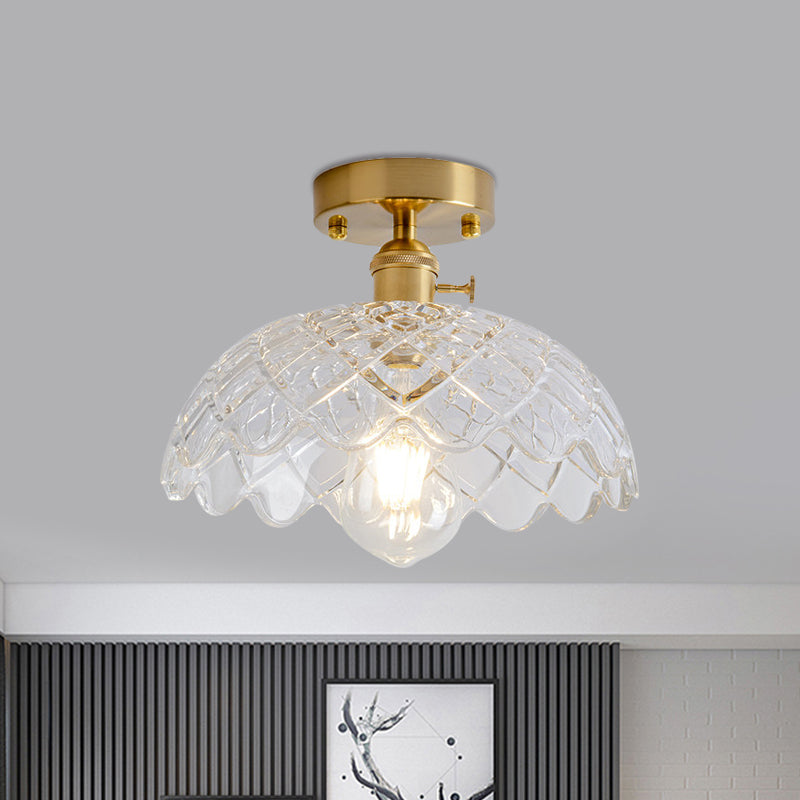 1 Light Ceiling Light with Dome/Barn/Flower Shade Amber/Clear Textured Glass Industrial Living Room Semi Flush in Brass Clearhalo 'Ceiling Lights' 'Close To Ceiling Lights' 'Close to ceiling' 'Glass shade' 'Glass' 'Semi-flushmount' Lighting' 1207659